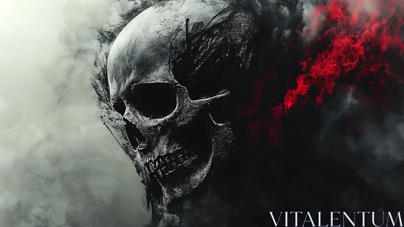 Textured skull emerging through smoke and scarlet flame.