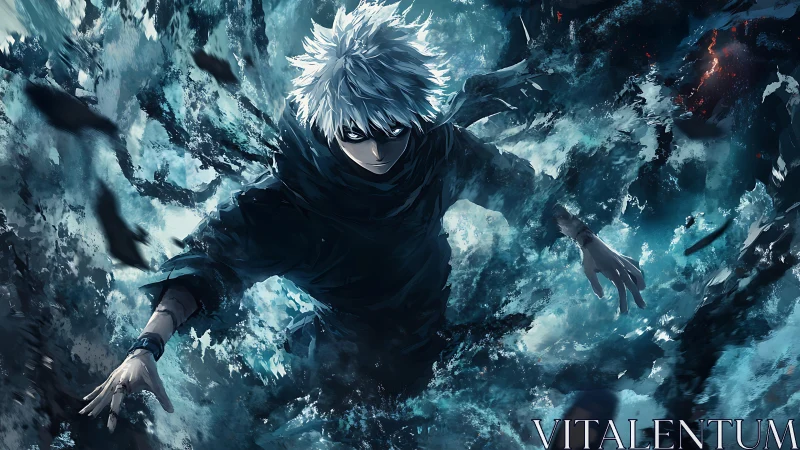 White haired figure in dark swirling blue abstract space.