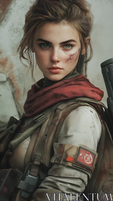 Battle-worn female soldier in realistic digital portrait.