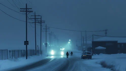 Snow-covered roadway with pedestrians and headlights at dusk.