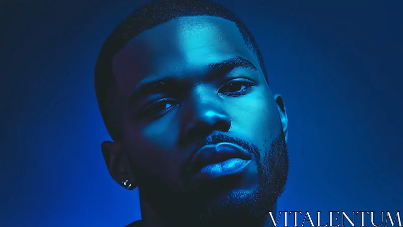 Monochrome cyan portrait under high contrast directional lighting.