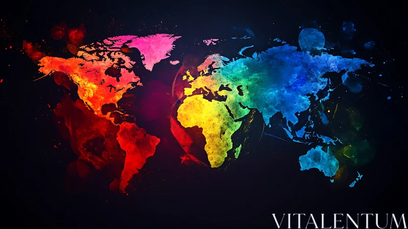 Prismatic world map splashes color across a midnight void.