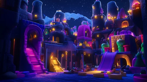 Neon-Lit Fantasy Castle Architecture with Luminescent Towers.