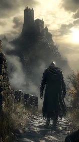 Lone traveler climbs toward a misty, brooding cliff castle.