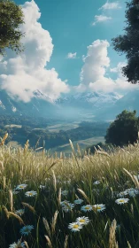 Wildflower meadow below sunlit alpine mountainscape at dawn.
