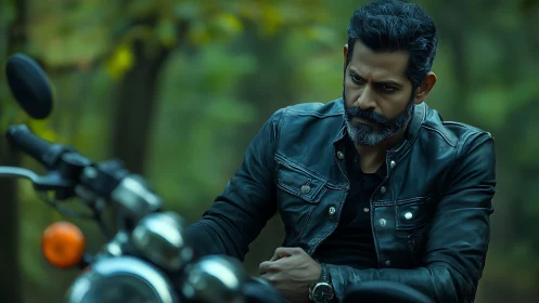 Brooding biker pauses in forest wearing black leather jacket.