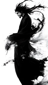 Monochrome ink warrior dissolving into abstract smoke flow