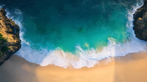 Overhead view shows shoreline, surf and coastal rock formations