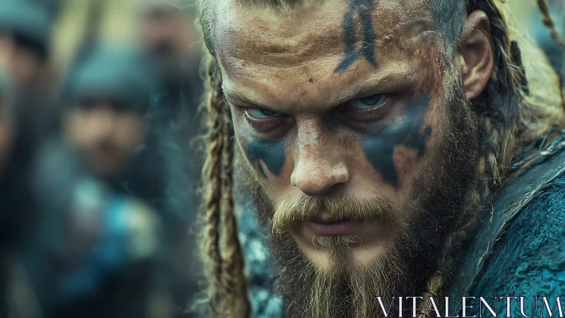 Intense warrior close-up with war paint and shallow depth of field