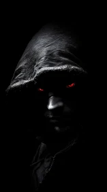 Hooded male figure in deep shadow with glowing red eyes.