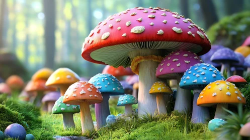 Chromatic macro mycology cluster with stylized forest bokeh.