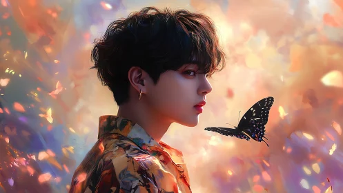 Young person in profile watching butterfly in abstract light