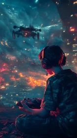 Young gamer gazes into a glowing sci fi battle skyline