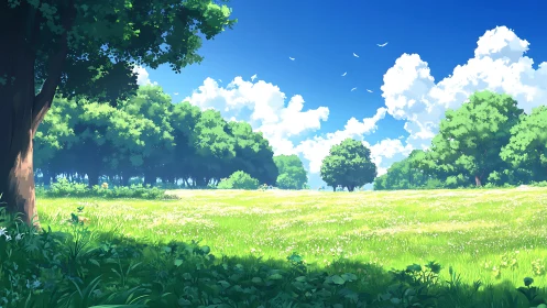 Sunlit meadow extends toward distant tree line and clouds