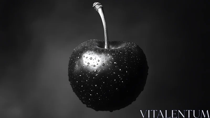 Glimmering cherry floating in soft monochrome light.