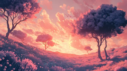 Radiant pink sunset illuminating stylized trees on rolling hills