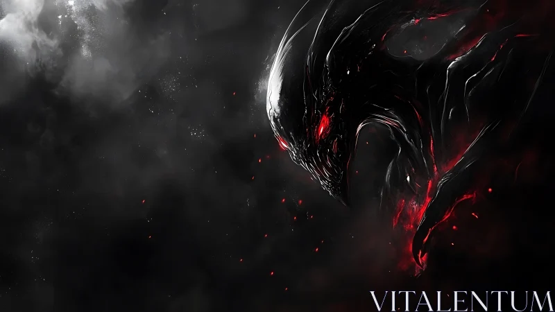 Dark demonic creature with glowing red eyes in smoke