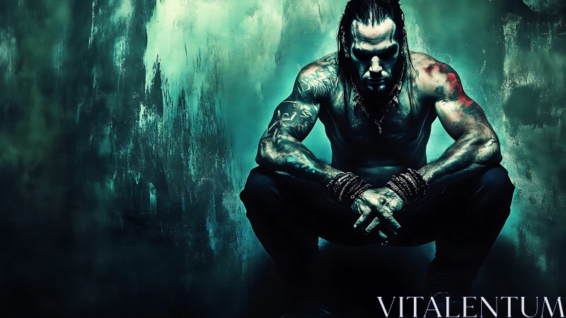 Brooding tattooed warrior crouches in teal-lit grunge chamber.