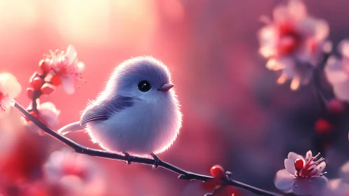 Luminous bird perched amid cherry blossoms in soft bokeh landscape.