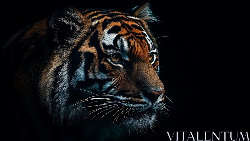 Side profile study of tiger head against black background.