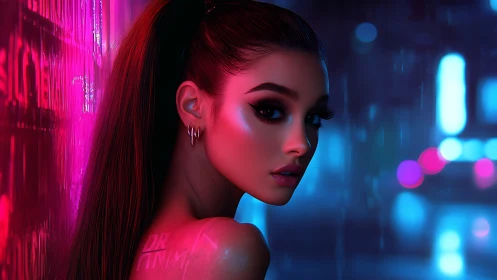 Neon-lit woman in rainy cyber city with intense gaze.