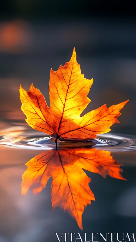Autumn maple leaf on water with mirrored reflection detail.