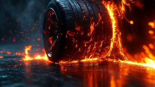 Racing tire burns across wet asphalt in intense orange flames