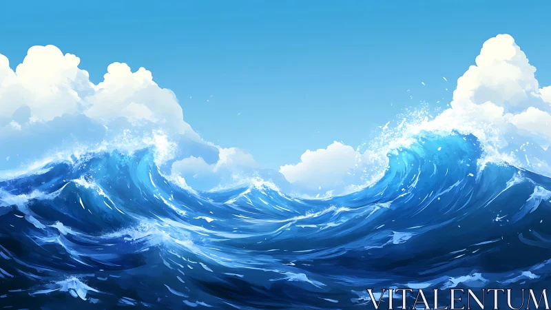 Powerful blue ocean waves under bright summer sky.