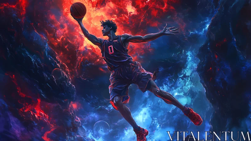 Basketball player in midair against red and blue nebula backdrop.