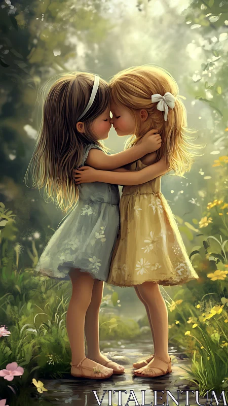 Two Girls Embrace in Sunlit Garden with Soft Bokeh