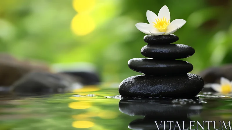 Stacked wet stones with white lotus flower on water surface.