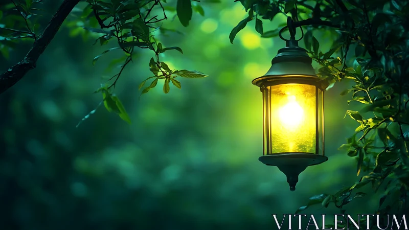Metal lantern emitting yellow light amid dense green foliage.