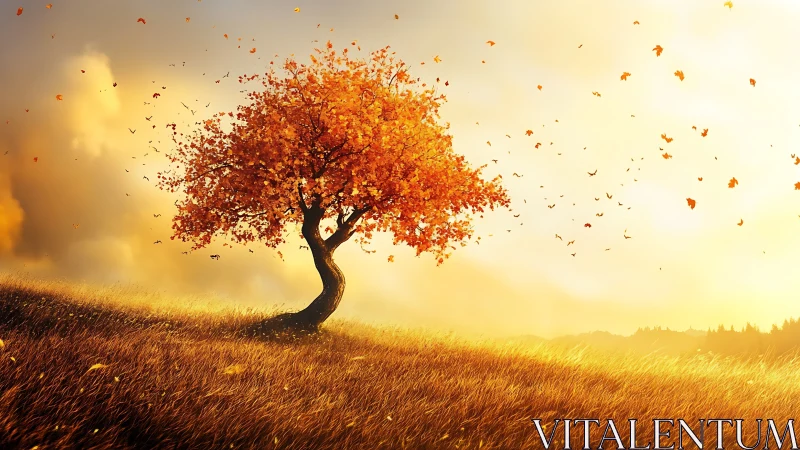 Solitary deciduous tree stands on inclined grass field