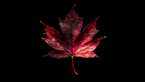 Macro study of a red maple leaf on void-black ground.