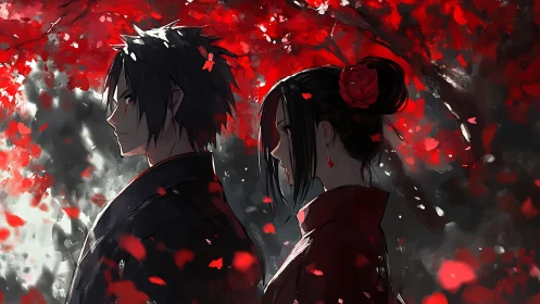 Dual silhouettes beneath crimson foliage in anime style.