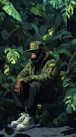 Streetwear chimp broods in dense neon jungle foliage