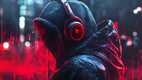 Hooded night listener enjoys music in neon red city rain