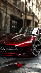 Sleek crimson Mercedes concept car glides through city streets.