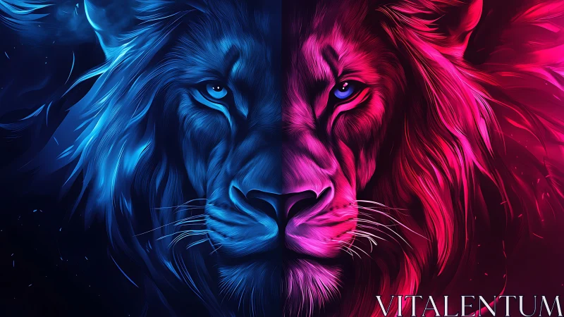 Bicolored lion portrait in blue and magenta digital lighting.