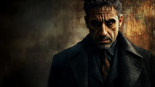 Stern middle‑aged man stares forward in dramatic low light