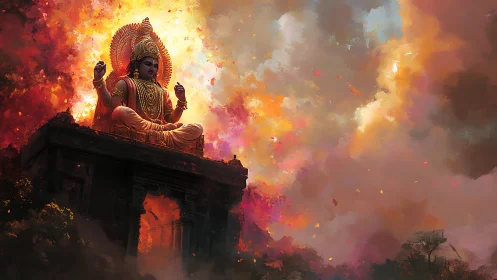 Colossal golden deity statue above temple amid eruptive clouds