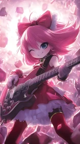 Pink haired anime girl with electric guitar in bright scene.