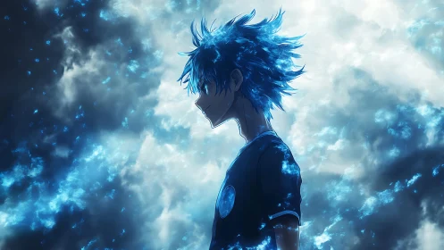 Blue-haired anime silhouette immersed in luminous storm clouds