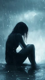 Solitary figure sitting in rain with reflective water surface.