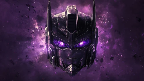 Metallic robotic head rendered against purple nebula field