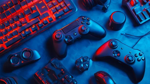 Gaming controllers and peripherals under red blue lighting.
