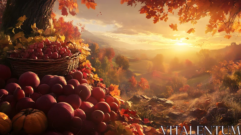 Golden autumn harvest glows beside a radiant countryside sunset.
