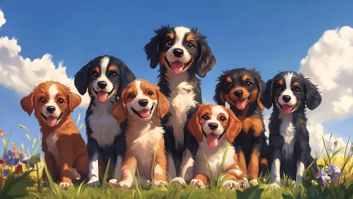 Joyful puppy friends sit together under a bright blue sky