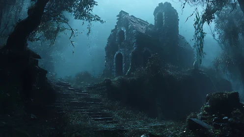 Moonlit ruins inviting quiet adventures in the misty wood.