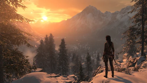 Adventurous hiker greeting a glowing winter sunrise view.